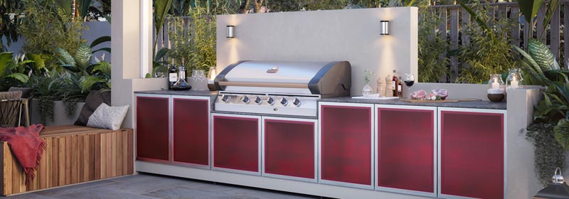 Aluminium framed cabinet doors in alfresco BBQ Area with Red Acrylic inserts