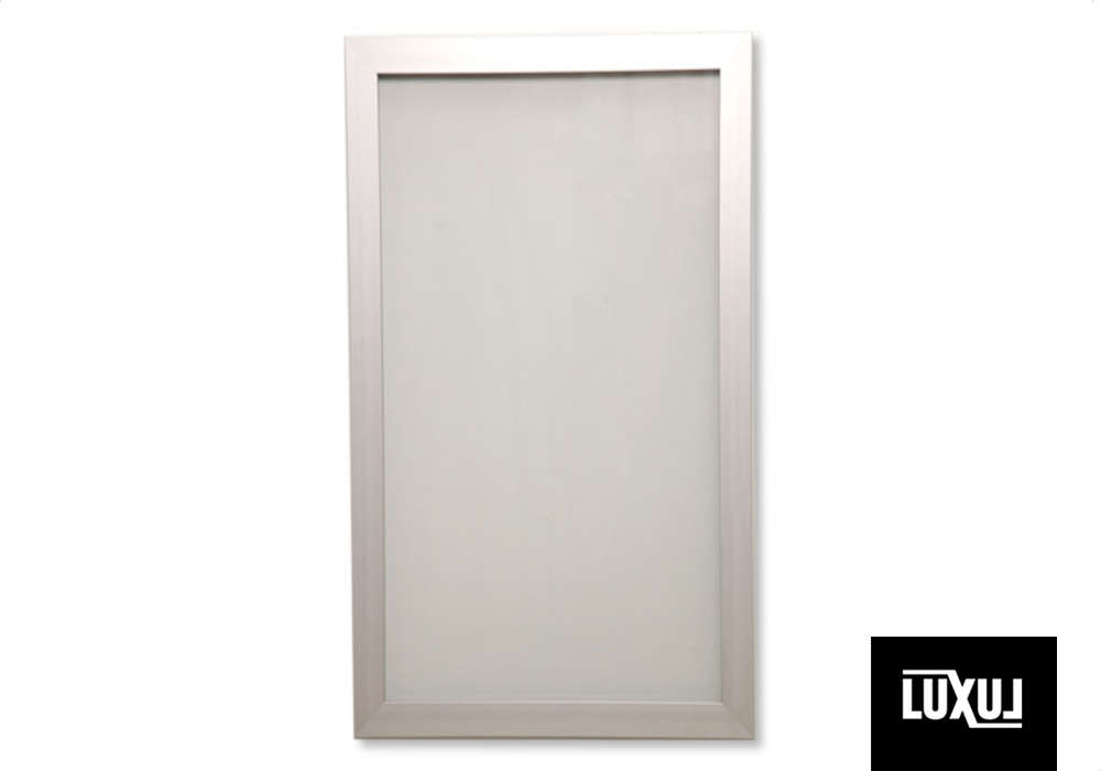 Undrilled panel in clear anodised aluminium frame with milky white laminated glass insert