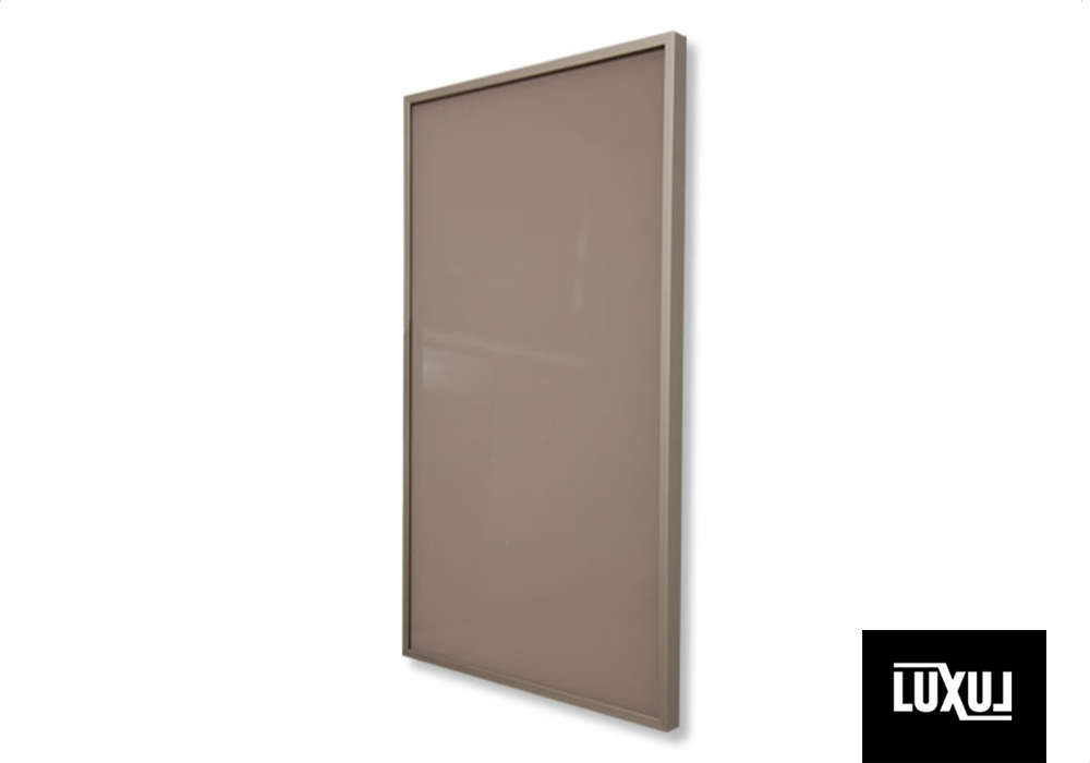 Undrilled panel in gloss champagne aluminium frame with painted starfiire toughened glass insert